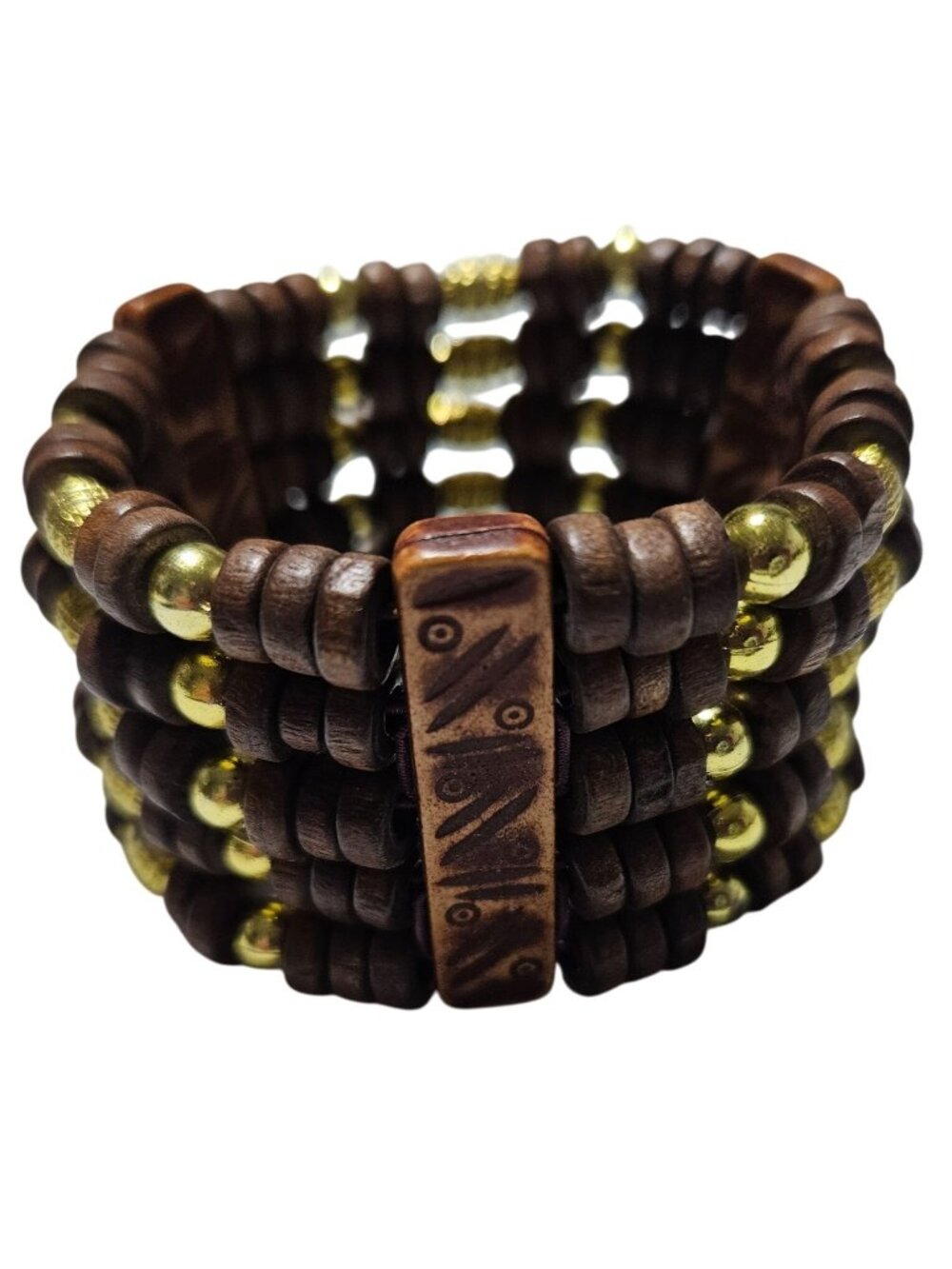 Handcrafted Tribal Inspired Wood Bead Bracelet Multi Strand Cuff Stretch Boho
